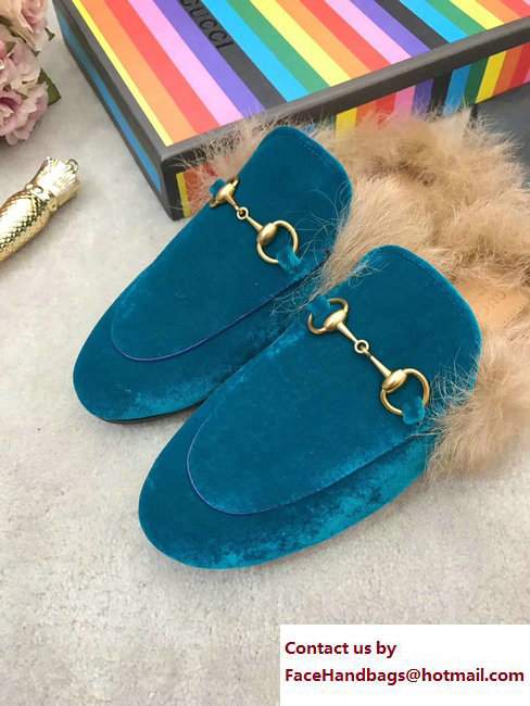 Gucci Princetown Velvet Fur Slipper 448657 Turquoise 2017 - Click Image to Close