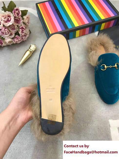 Gucci Princetown Velvet Fur Slipper 448657 Turquoise 2017 - Click Image to Close