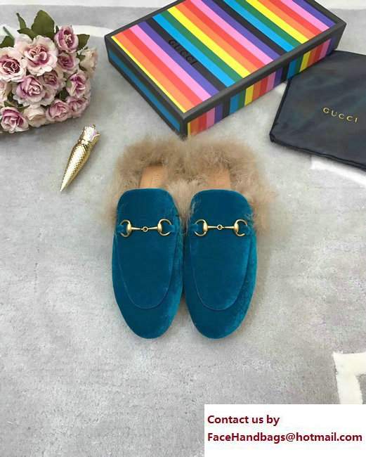 Gucci Princetown Velvet Fur Slipper 448657 Turquoise 2017