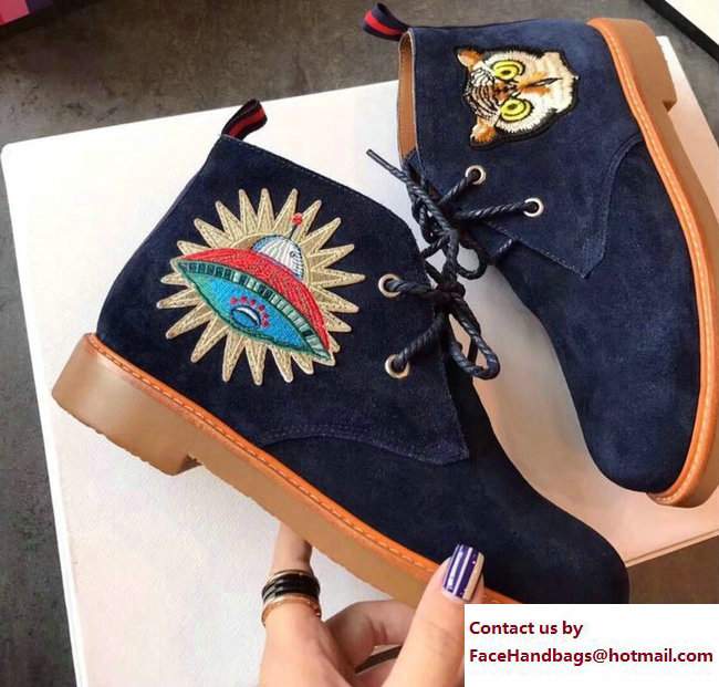 Gucci Suede Boots with Appliques 473023 Blue UFO and Owl 2017