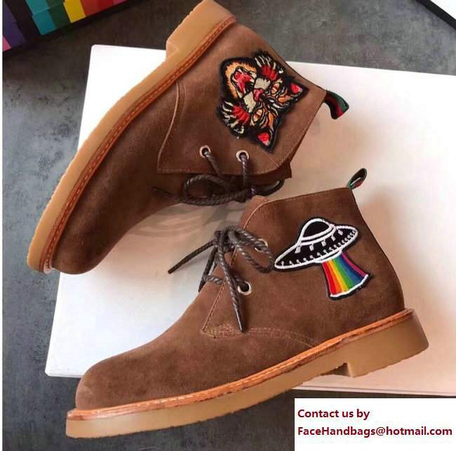 Gucci Suede Boots with Appliques 473023 Taupe UFO and Angry Cat 2017 - Click Image to Close