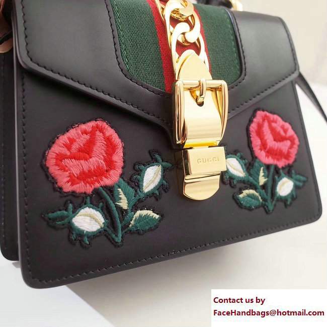 Gucci Sylvie Leather Top Handle Shoulder Mini Bag 470270 Black/Flower 2017 - Click Image to Close