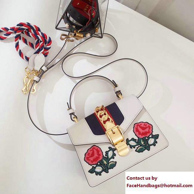 Gucci Sylvie Leather Top Handle Shoulder Mini Bag 470270 White/Flower 2017 - Click Image to Close