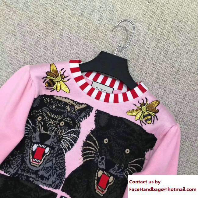 Gucci Tiger and Bee Striped Sweater Pink 2017