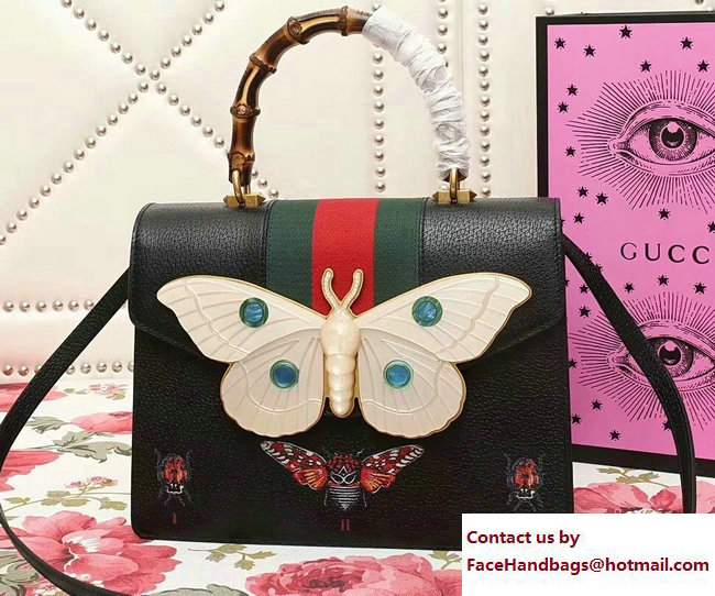 Gucci Web Moth Leather Medium Top Handle Bag 488691 Black 2017 - Click Image to Close