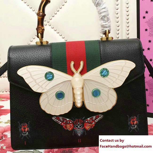 Gucci Web Moth Leather Medium Top Handle Bag 488691 Black 2017
