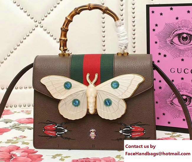 Gucci Web Moth Leather Medium Top Handle Bag 488691 Coffee 2017 - Click Image to Close