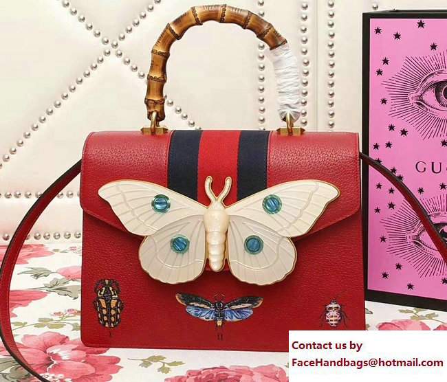 Gucci Web Moth Leather Medium Top Handle Bag 488691 Red 2017 - Click Image to Close