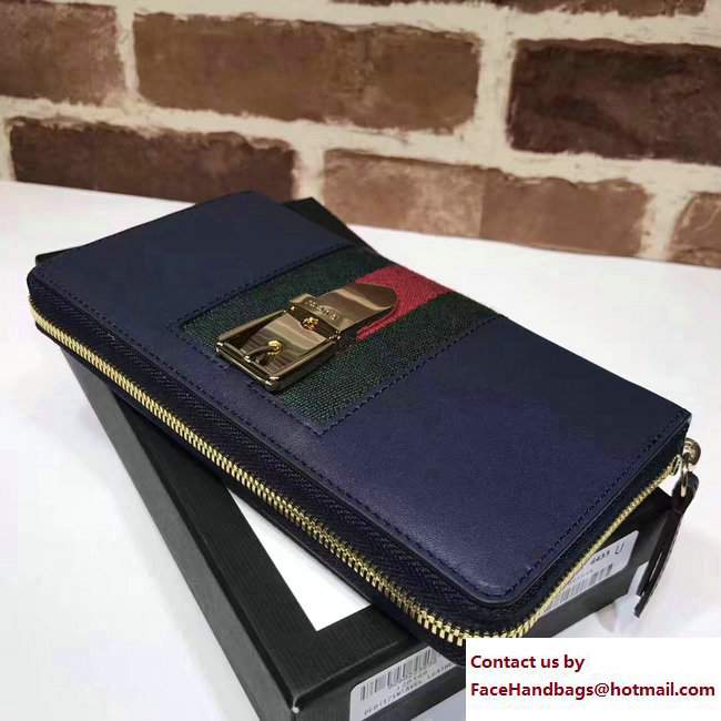 Gucci Web Sylvie Leather Zip Around Wallet 476083 Blue 2017