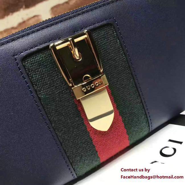 Gucci Web Sylvie Leather Zip Around Wallet 476083 Blue 2017 - Click Image to Close