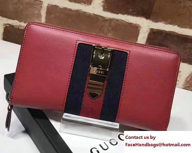 Gucci Web Sylvie Leather Zip Around Wallet 476083 Red 2017 - Click Image to Close