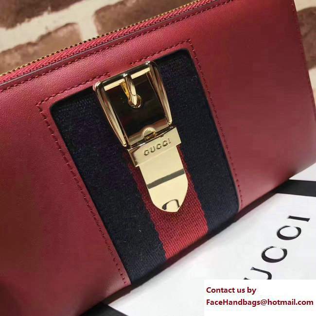 Gucci Web Sylvie Leather Zip Around Wallet 476083 Red 2017 - Click Image to Close