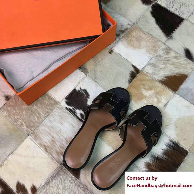 Hermes Heel 5cm Oasis Slipper Sandals in Box Calfskin Black - Click Image to Close