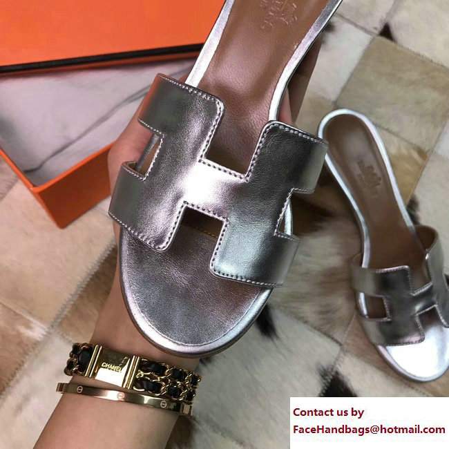 Hermes Heel 5cm Oasis Slipper Sandals in Box Calfskin Silver - Click Image to Close