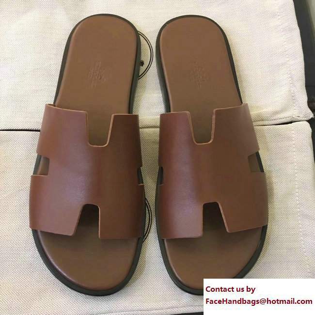 Hermes Izmir Men's Slipper Sandals in Box Calfskin Brown