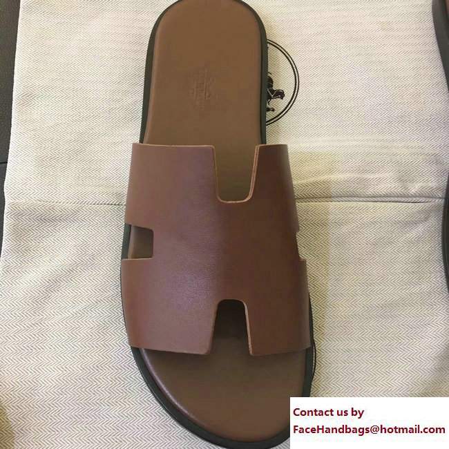 Hermes Izmir Men's Slipper Sandals in Box Calfskin Brown