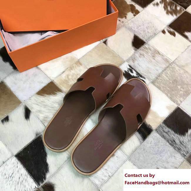 Hermes Izmir Men's Slipper Sandals in Box Calfskin Dark Brown