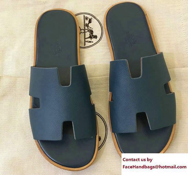 Hermes Izmir Men's Slipper Sandals in Epsom Calfskin Denim Blue