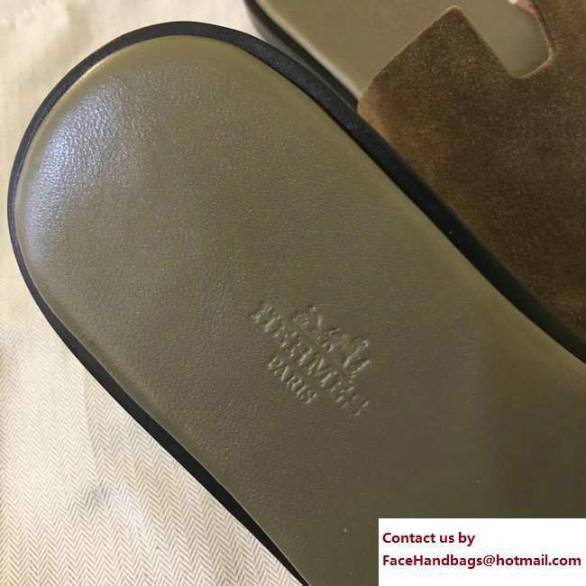 Hermes Izmir Men's Slipper Sandals in Suede Calfskin Olive Green