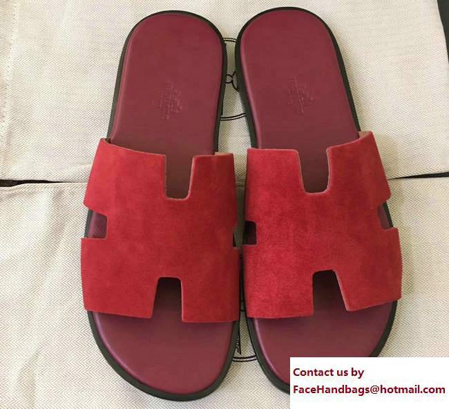 Hermes Izmir Men's Slipper Sandals in Suede Calfskin Red