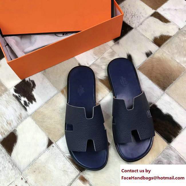 Hermes Izmir Men's Slipper Sandals in Togo Calfskin Navy Blue