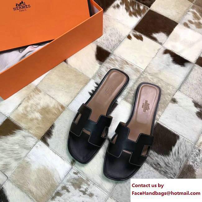 Hermes Oran Slipper Sandals in Box Calfskin Black
