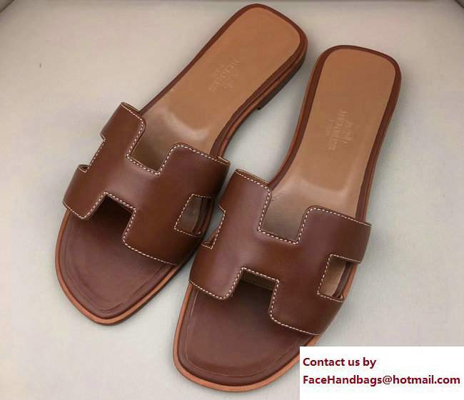 Hermes Oran Slipper Sandals in Box Calfskin Brown