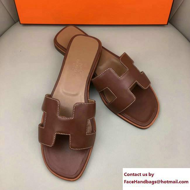 Hermes Oran Slipper Sandals in Box Calfskin Brown