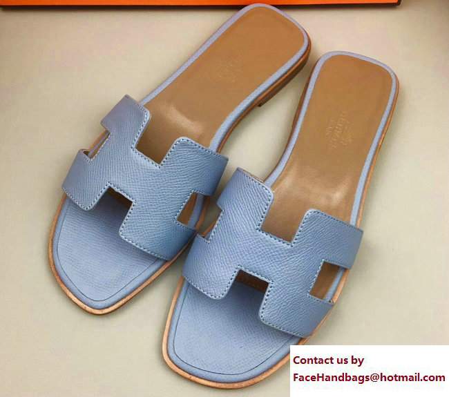 Hermes Oran Slipper Sandals in Epsom Calfskin Baby Blue/Brown