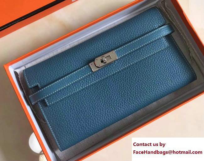 Hermes Togo Leather Kelly Long Wallet Galicia Blue