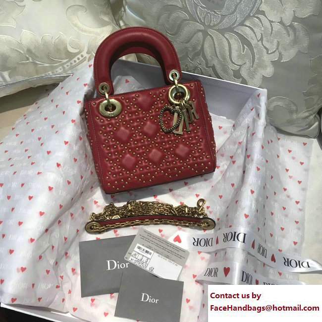 Lady Dior Studded Mini/Small Bag Heart Red 2017 - Click Image to Close
