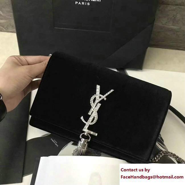Saint Laurent Kate Chain And Tassel Wallet In Velvet And Crystals 491521 Black 2017