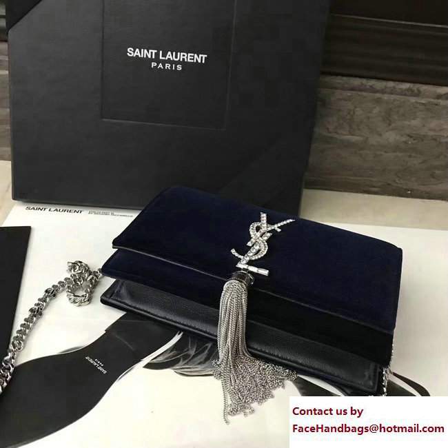 Saint Laurent Kate Chain And Tassel Wallet In Velvet And Crystals 491521 Blue 2017 - Click Image to Close