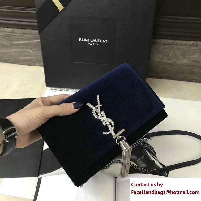 Saint Laurent Kate Chain And Tassel Wallet In Velvet And Crystals 491521 Blue 2017 - Click Image to Close