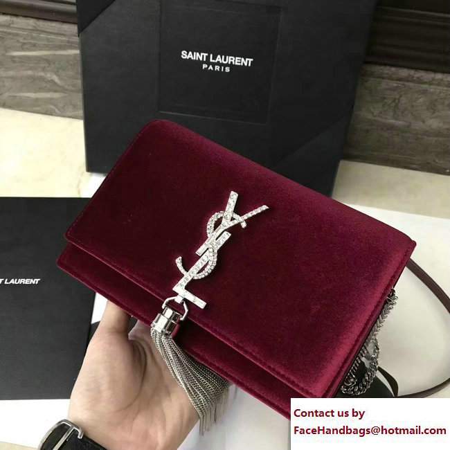 Saint Laurent Kate Chain And Tassel Wallet In Velvet And Crystals 491521 Bordeaux 2017 - Click Image to Close