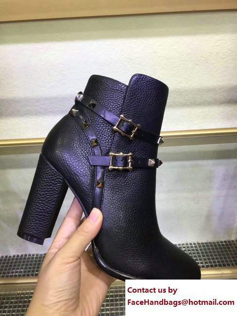 Valentino Heel 9.5cm Rockstud Ankle Bootie Grained Calfskin Black - Click Image to Close
