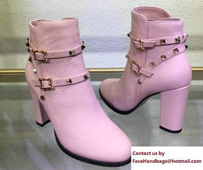 Valentino Heel 9.5cm Rockstud Ankle Bootie Grained Calfskin Pink - Click Image to Close