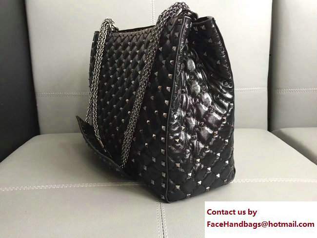 Valentino Rhombus Rockstud Spike Shopping Shoulder Bag Black with black chain 2017