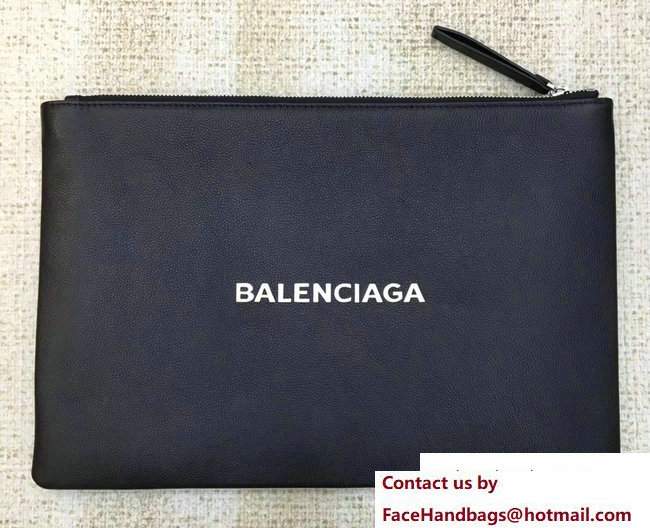Balenciaga Logo Calfskin Shopping Clip Pouch Clutch Zip Case Large Bag Black 2017 - Click Image to Close
