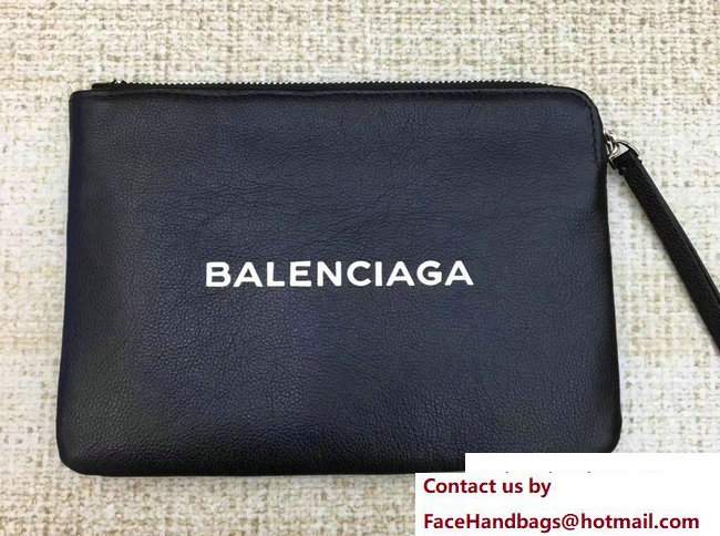 Balenciaga Logo Calfskin Shopping Clip Pouch Clutch Zip Case Small Bag Black 2017