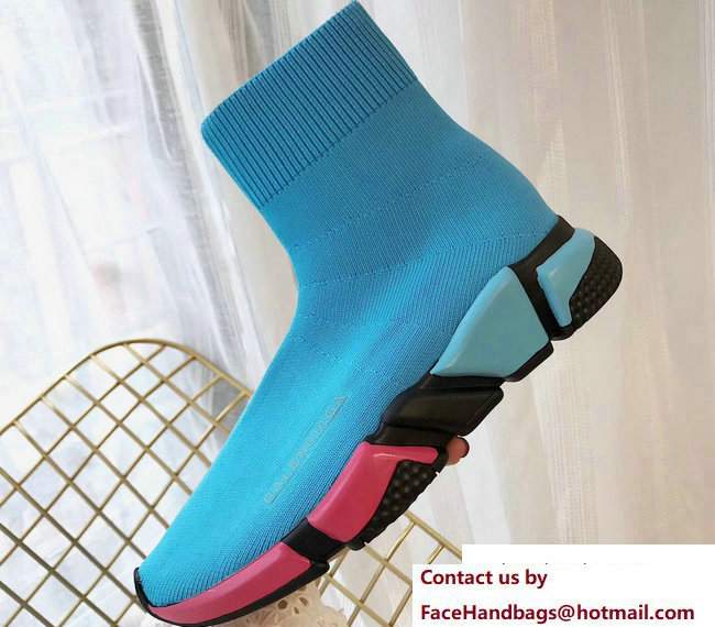 Balenciaga Multicolour Knit Sock Speed Trainers Sneakers Sky Blue 2018 - Click Image to Close