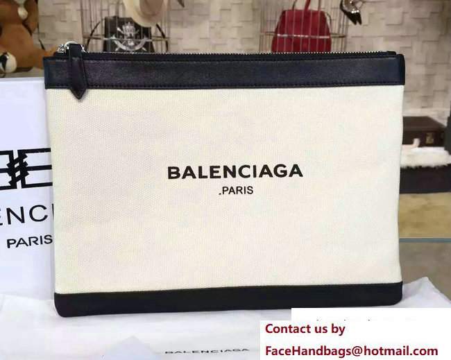 Balenciaga Navy Cotton Canvas Clip Clutch Pouch Medium Bag White/Black 2017