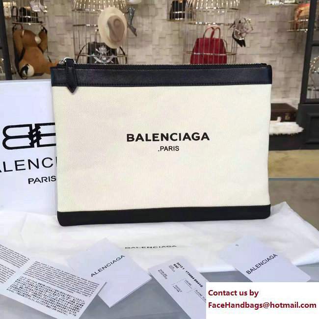Balenciaga Navy Cotton Canvas Clip Clutch Pouch Medium Bag White/Black 2017 - Click Image to Close