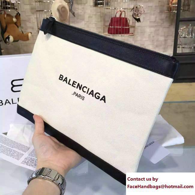 Balenciaga Navy Cotton Canvas Clip Clutch Pouch Medium Bag White/Black 2017 - Click Image to Close