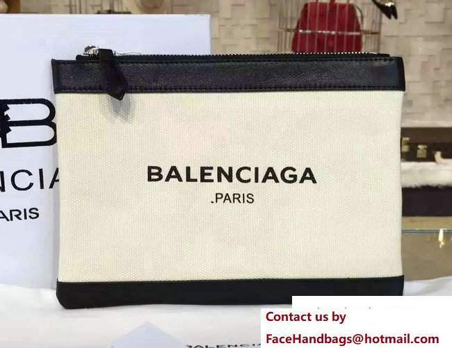 Balenciaga Navy Cotton Canvas Clip Clutch Pouch Small Bag White/Black 2017 - Click Image to Close