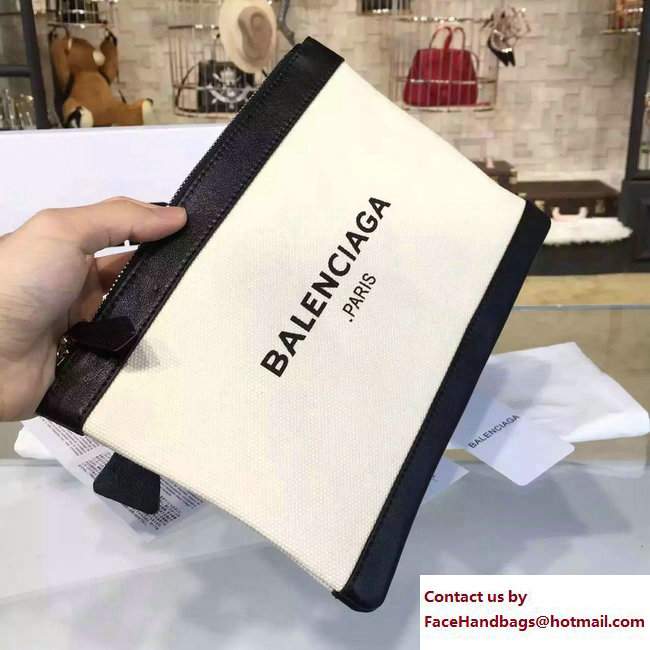 Balenciaga Navy Cotton Canvas Clip Clutch Pouch Small Bag White/Black 2017