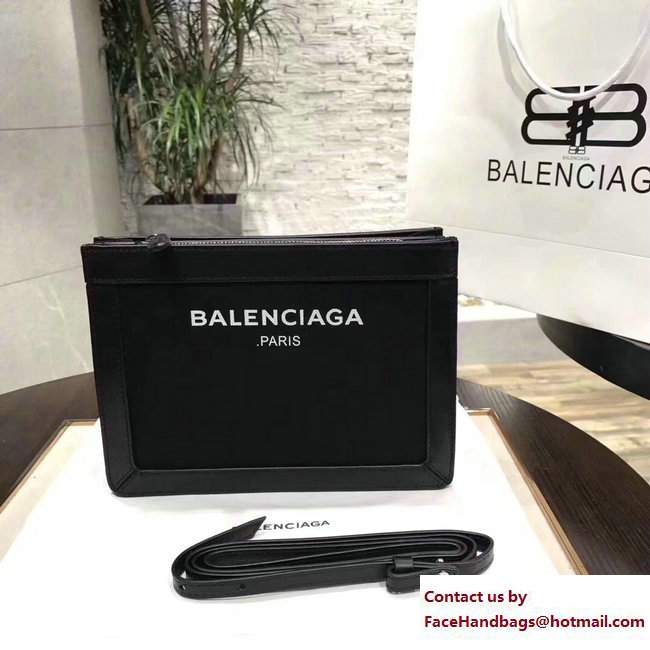 Balenciaga Navy Cotton Canvas Pochette Clutch Bag Black with Strap 2017