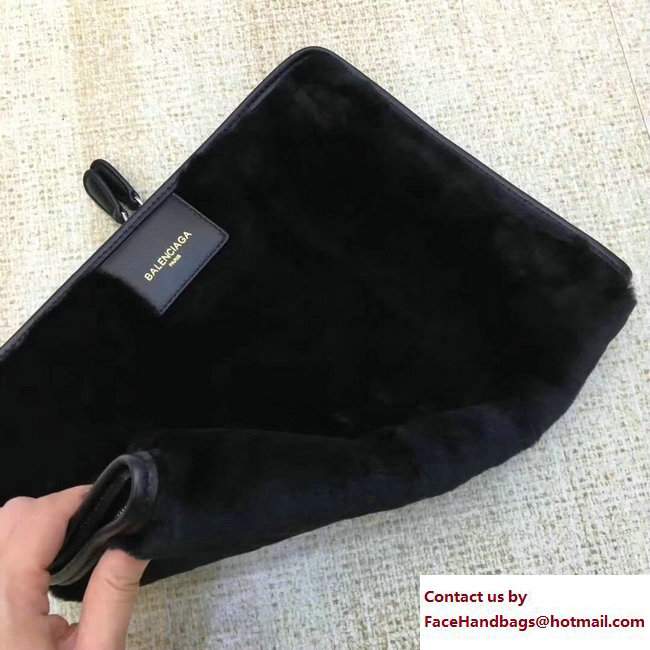 Balenciaga Shearling Bazar Zipped Pouch Clutch Bag Black 2017