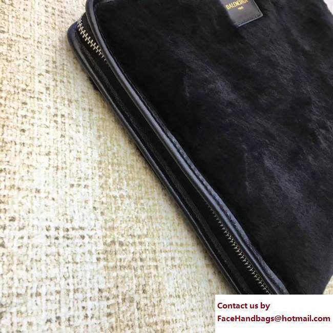 Balenciaga Shearling Bazar Zipped Pouch Clutch Bag Black 2017