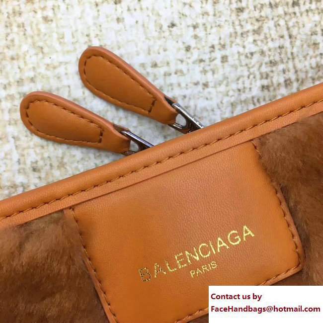 Balenciaga Shearling Bazar Zipped Pouch Clutch Bag Caramel 2017
